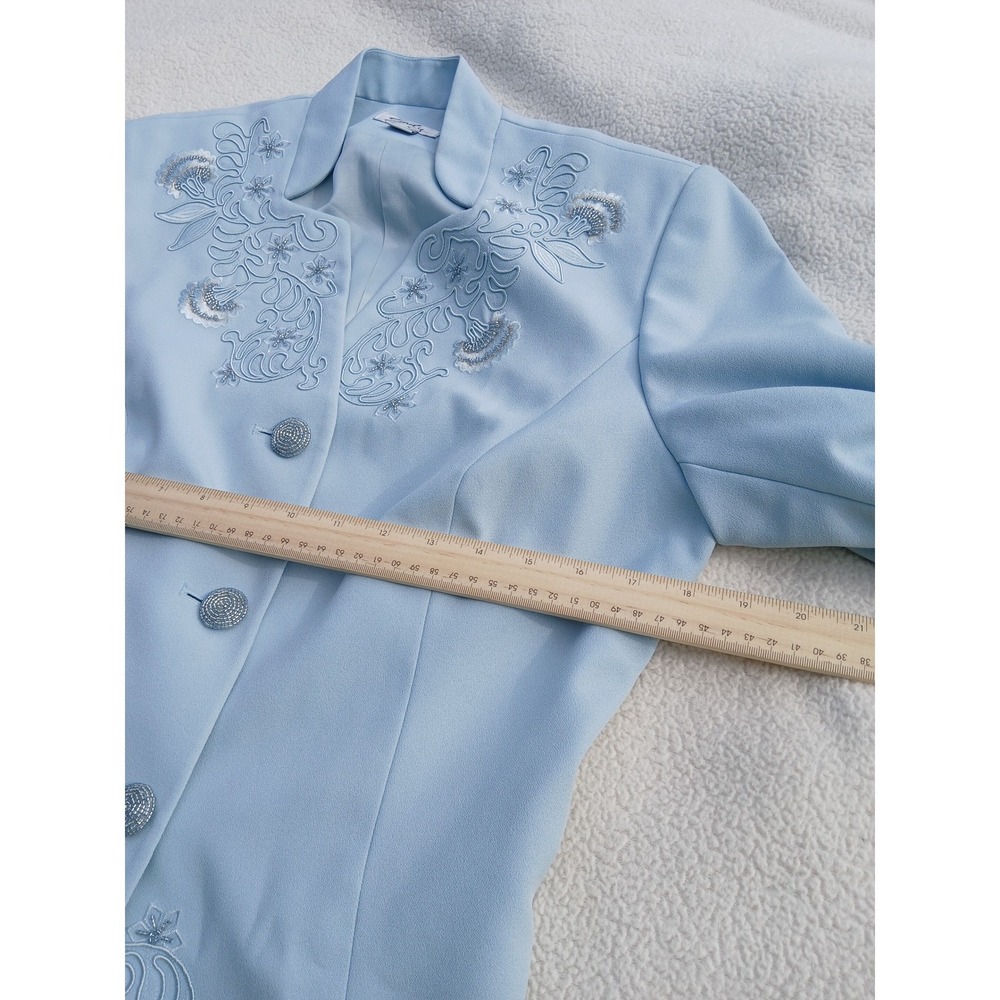 Emily Skirt Suit Set Womens 12 Blue Excellent Embroidered Sequin Vintage Style - Picture 3 of 10